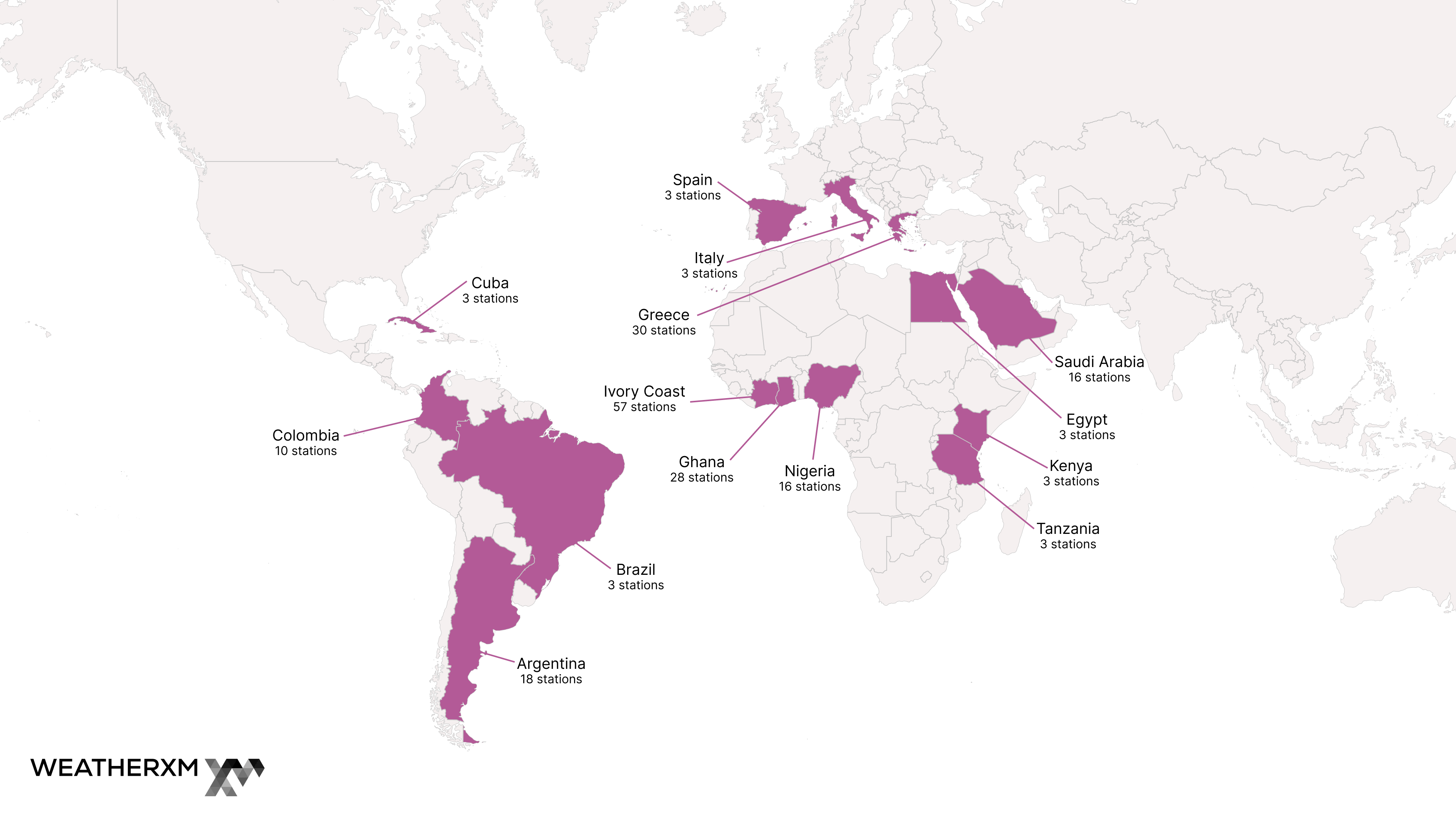 WeatherXM Rollouts Deployment Map showing station locations across multiple countries